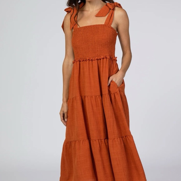 Rust Bow Strap Tiered Maternity Midi Dress Pinkblush Size M Color Rust Orange - Picture 3 of 12